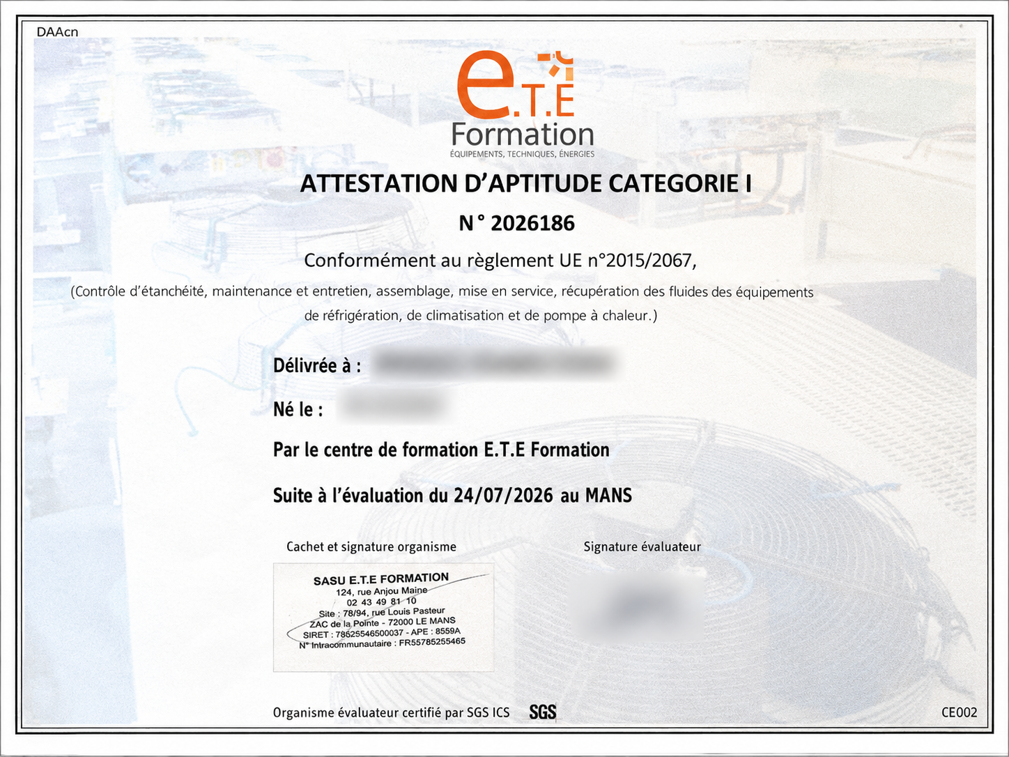 Attestation d’aptitude personnelle — Catégorie I